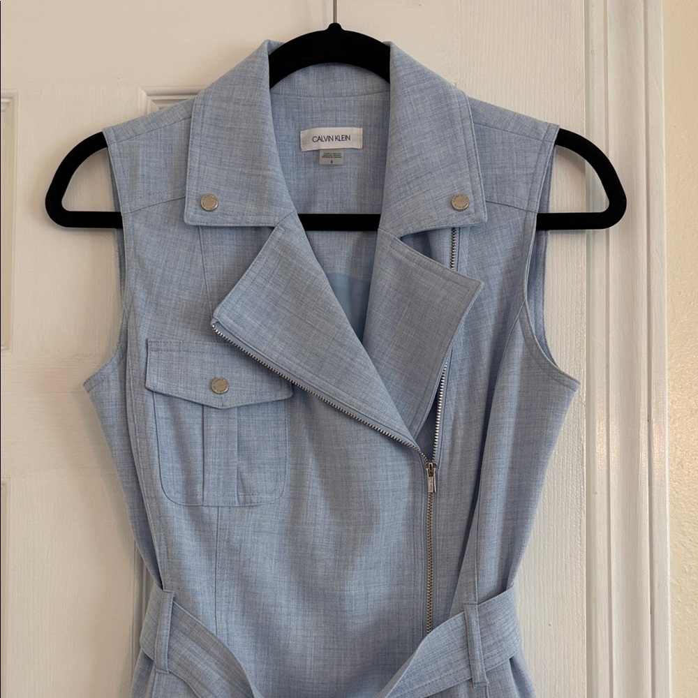 Calvin Klein Light Blue Sleeveless Zip-Front Belted Dress